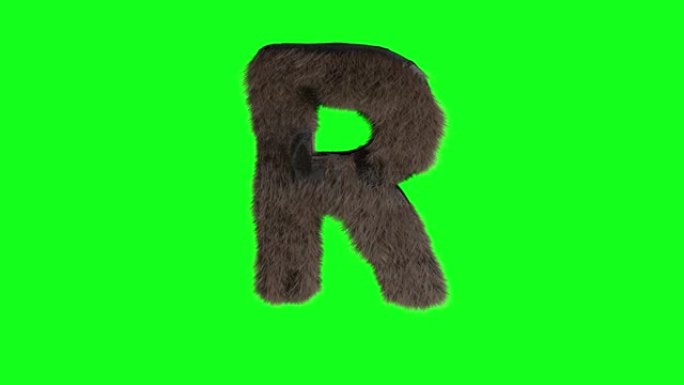 抽象多毛字母R符号蓬松毛茸茸的字母绿色屏幕色键动画3d