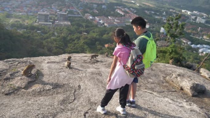 快乐的亚洲背包客儿童用智能手机，生活方式概念在山顶上拍摄猴子的照片。