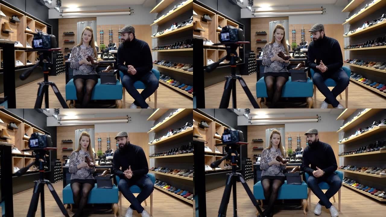 男人和女人正在拍摄鞋子的视频评论