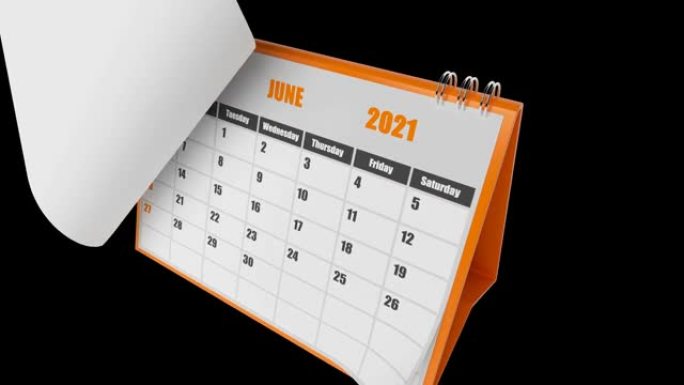 黑色背景上橙色框架的飞行页面日历2021年侧视图