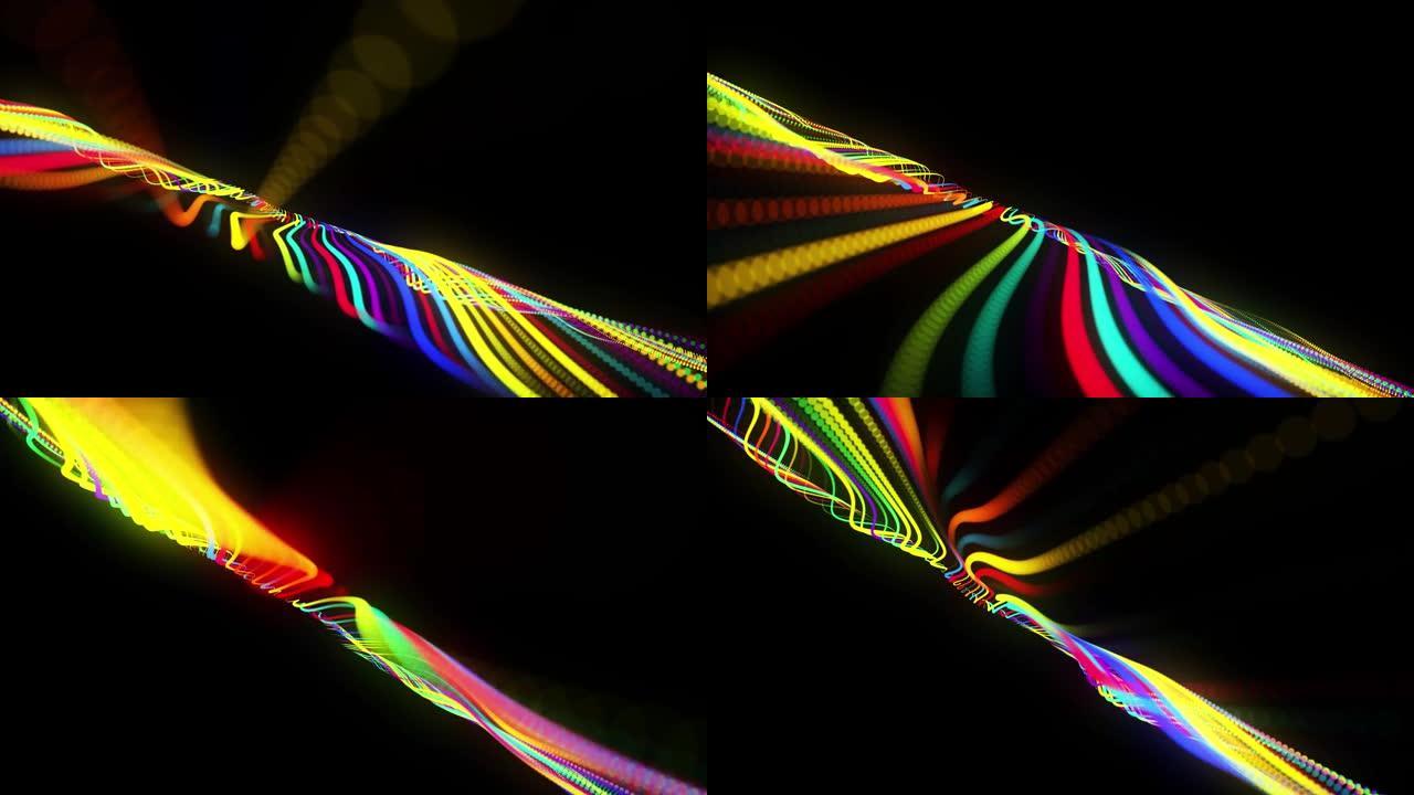 节日vj循环，带有多色粒子和流畅的动画相机。抽象3d bg，其辉光粒子在3d空间中沿弯曲的波浪线排成