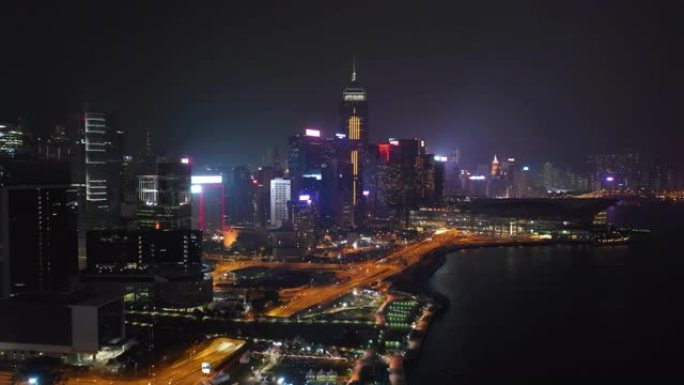夜间照明香港市区交通湾空中全景4k