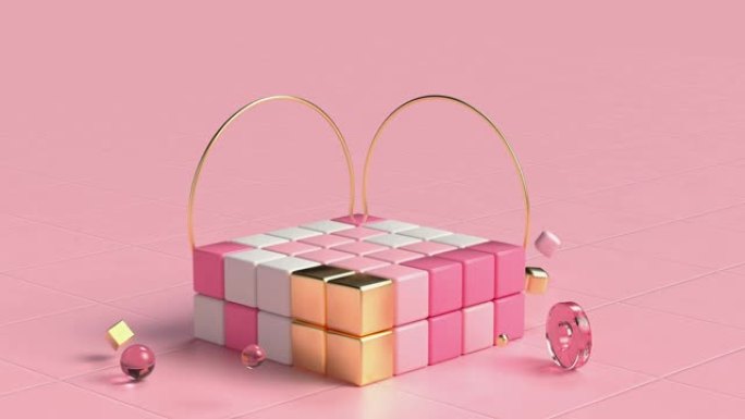 粉色场景立方体形状金色粉色白色抽象讲台运动3d渲染