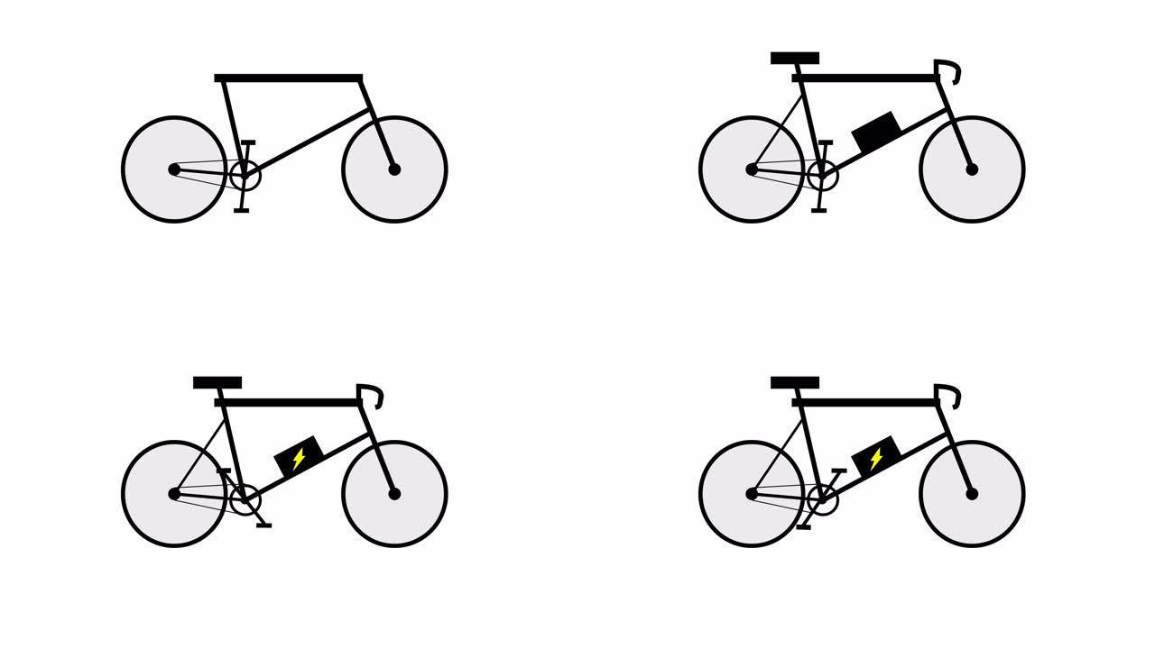 电动自行车剪影运动动画，交通概念。生态移动