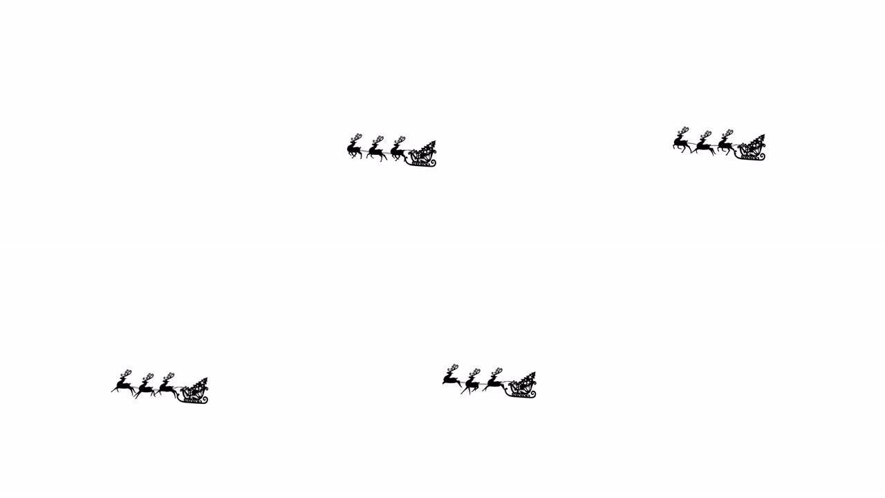 驯鹿拉着雪橇上圣诞树的黑色剪影的数字动画