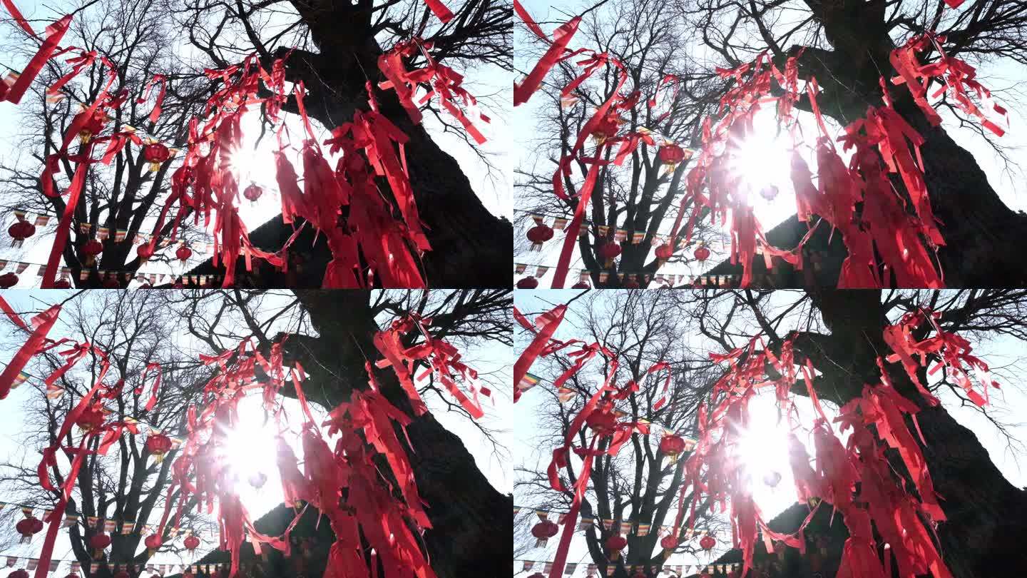 花果山景区寺庙里的许愿红飘带升格视频