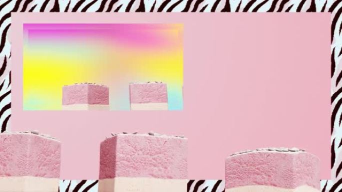 最小运动设计。抽象渐变空间上的3d粉色蛋糕。动物印花斑马架。快餐概念艺术。4k视频