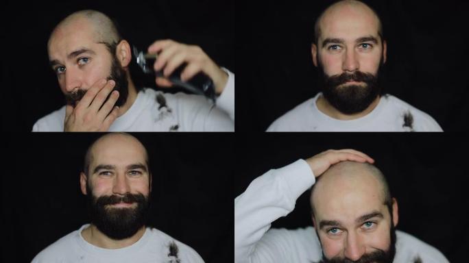 一个留着浓密胡须的男人刮胡子，用电动剃须刀去除头上的头发