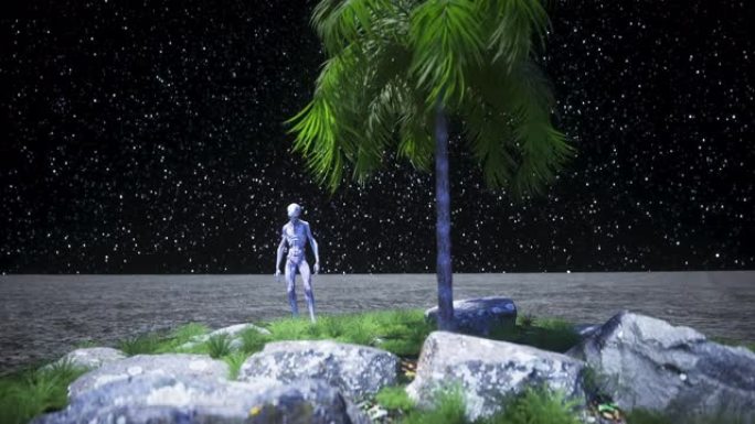 绿洲月球上的外星人。不明飞行物概念。3d渲染。