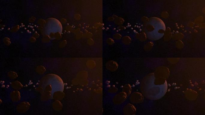 太阳系中太空小行星的美丽景色，小行星是围绕太阳运行的小型岩石物体，太空小行星和行星的3D动画