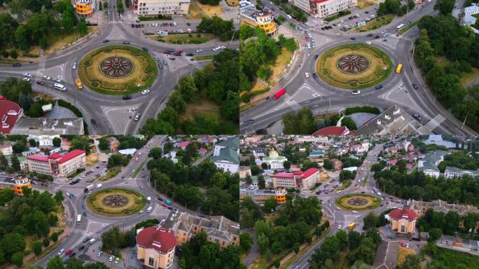 欧洲小城市环形汽车环形交叉路的4k鸟瞰图