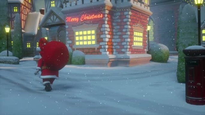圣诞老人提着一个装有礼物的袋子。圣诞快乐，新年快乐2021动画。圣诞节冬季夜晚的小镇或村庄景观