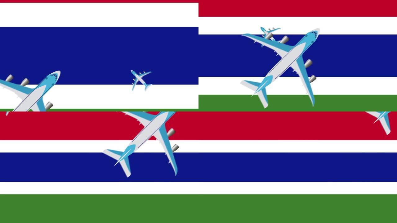 冈比亚国旗和飞机。飞机飞越冈比亚国旗的动画。