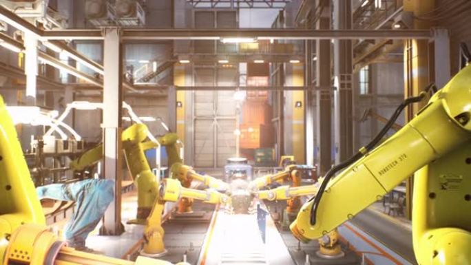 汽车工厂的自动化生产线。焊接工作的特写。带有机器人焊接机的焊接线。汽车、工业和科幻小说背景的动画。