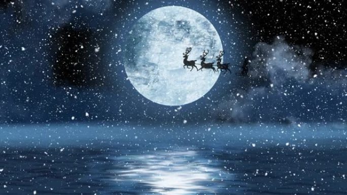 飞雪满月的驯鹿拉雪橇中的圣诞老人剪影动画
