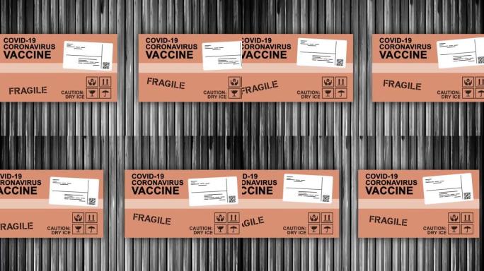 传送带上新型冠状病毒肺炎疫苗装运箱的视图