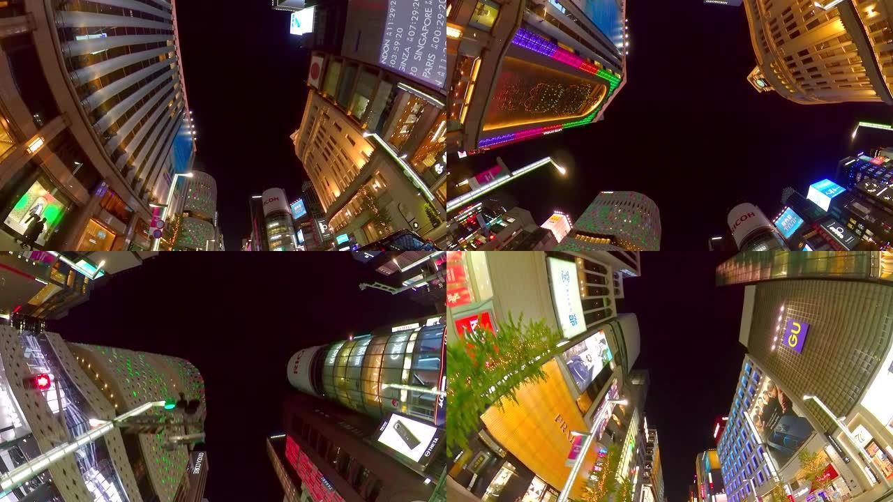 夜间驾驶银座街，日本东京。查找视图。