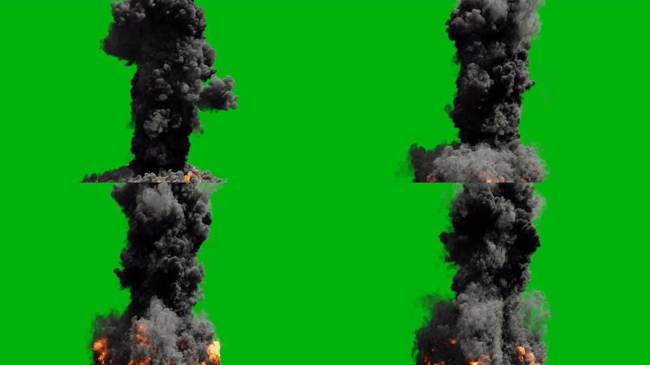 带有大量黑烟的强大燃料火。浓浓的黑烟大火。绿屏前的VFX动画。