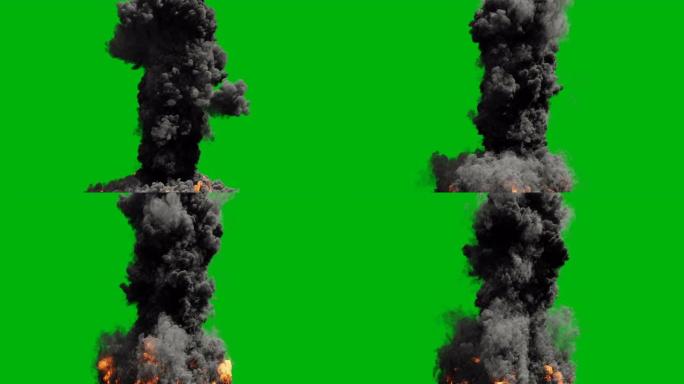 带有大量黑烟的强大燃料火。浓浓的黑烟大火。绿屏前的VFX动画。