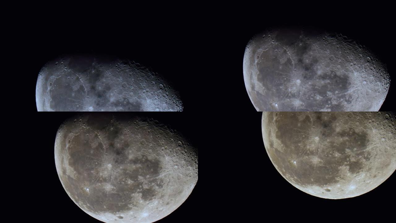 月球极限特写伸缩陨石坑视图。超近距离满月运动。飞越月球。