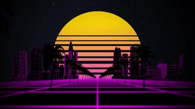 风格化的复古3D动画背景与现代城市，棕榈树，太阳和发光的星星。80年代复古未来科幻无缝循环