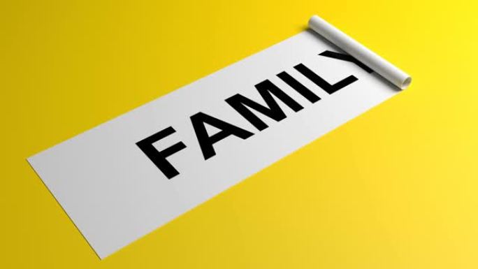 家庭在滚动的黄色纸上写作