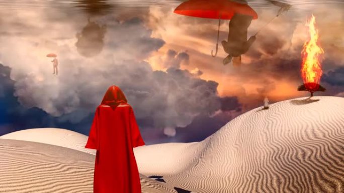 穿着红色雨伞的人漂浮在白色沙漠中