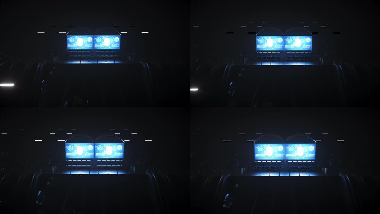科幻铁路未来派车站。未来概念。夜景。逼真的4k动画