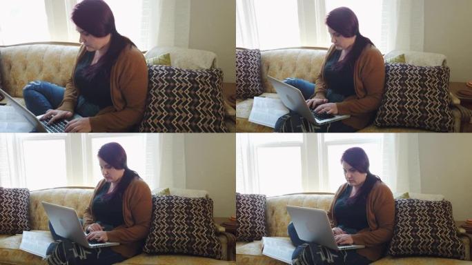 年轻女子在家工作，技术4k视频系列