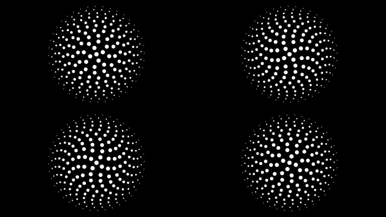 圆形单色无缝点图案4k动画，具有4折旋转对称性