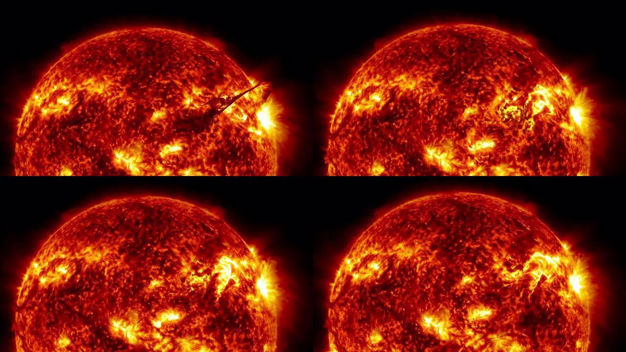 巨大的太阳耀斑从太阳表面喷出。