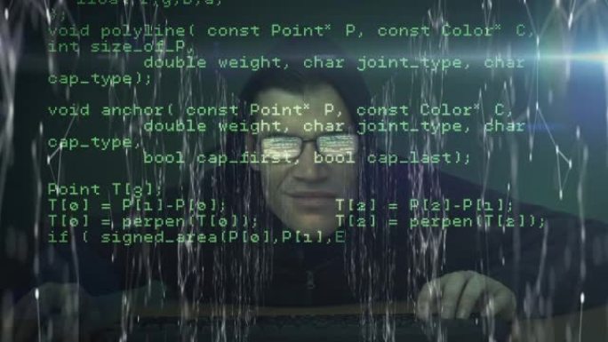 计算机数据滚动动画与男性黑客上的白网连接