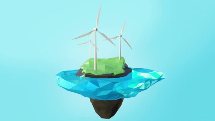 浮岛低聚上的动画风力涡轮机