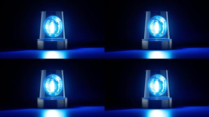 3d渲染，蓝色闪光旋转无缝动画。紧急闪光灯在黑色背景上隔离