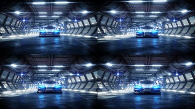 科里多科幻隧道中的未来派汽车。未来的概念。逼真的4k动画。