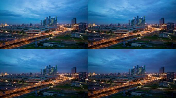 俄罗斯之夜莫斯科市交通火车站屋顶全景4k延时