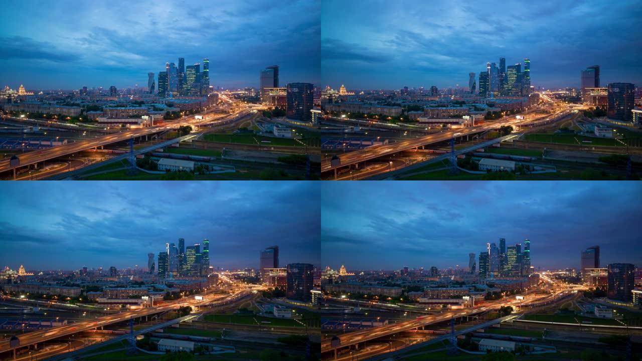 俄罗斯之夜莫斯科市交通火车站屋顶全景4k延时