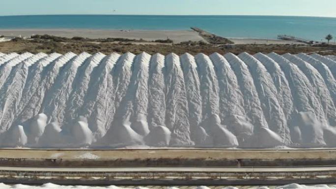 在圣波拉鸟瞰图白色的天然盐堆。西班牙