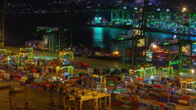 夜间新加坡城市世界著名集装箱港口屋顶延时全景4k
