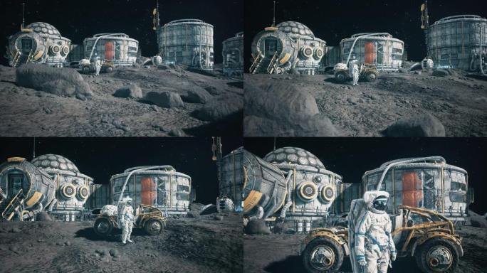 一名宇航员站在太空月球基地的月球车旁边。幻想、未来或太空旅行的动画。月球表面和月球殖民地的视图。