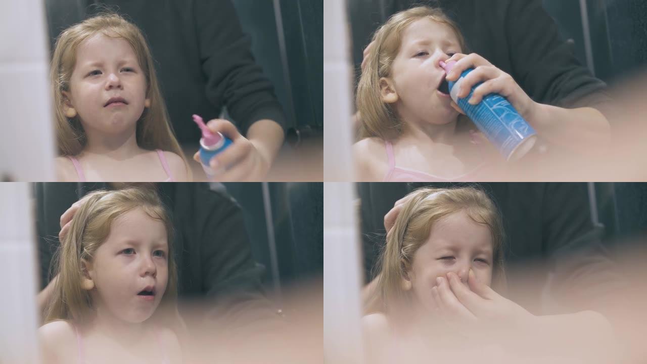 女人用镜子上的鼻喷剂冲洗生病女孩的鼻子