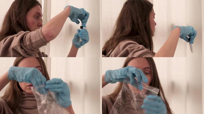 女人将鼻粘膜的测试拭子放入医疗管中