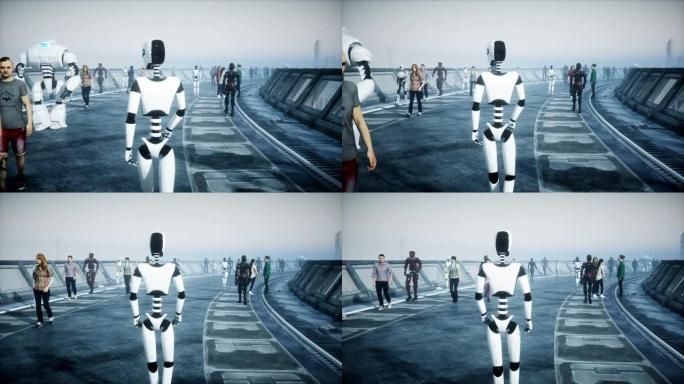 人和机器人。科幻小说。未来的交通。未来的概念。逼真的4k动画。