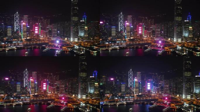 夜间照明香港市区交通湾空中全景4k