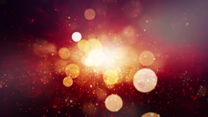 抽象的圣诞节和新年节日运动背景与闪亮的金色bokeh。闪烁的雪花和带有耀斑光的心脏颗粒。4K 3D渲