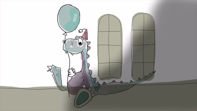 4k手绘动画-可爱的卡通龙戴着派对帽子，拿着气球