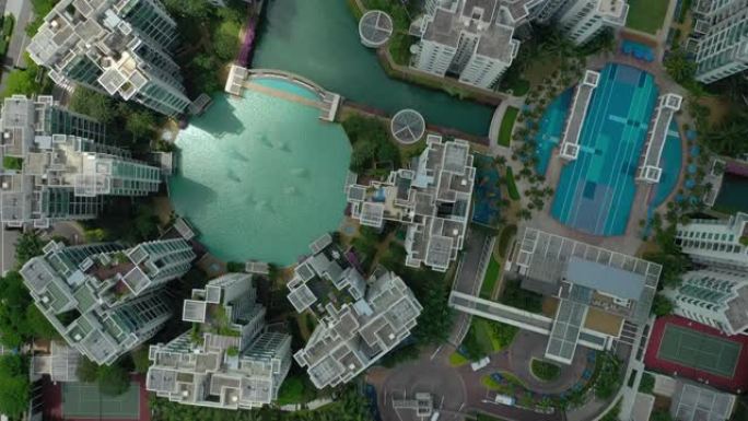 新加坡城市著名公寓综合游泳池空中俯拍全景4k