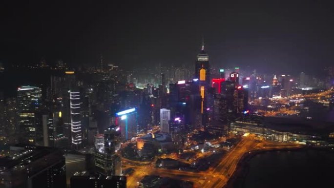 夜间照明香港市区交通湾空中全景4k