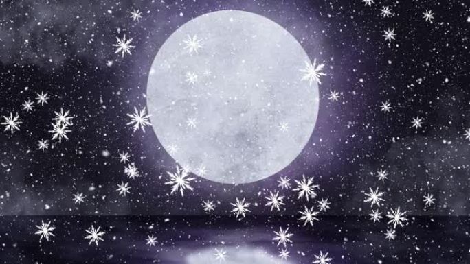 夜空中雪花落在月亮上的数字动画