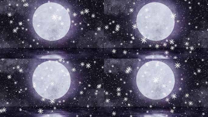 夜空中雪花落在月亮上的数字动画